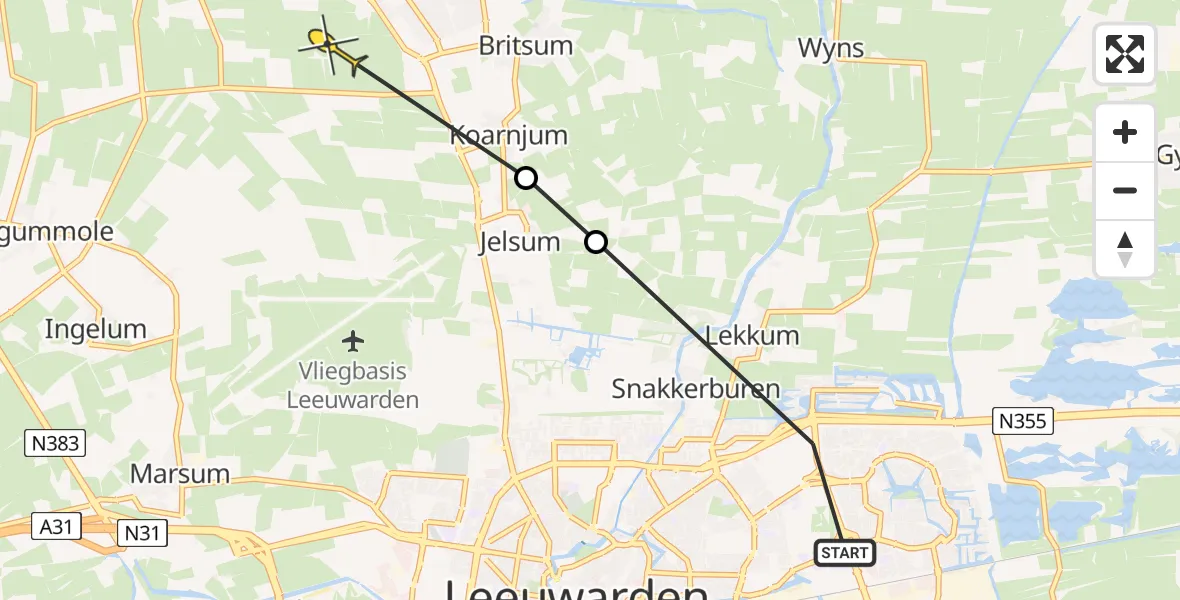 Routekaart van de vlucht: Ambulancehelikopter naar Stiens