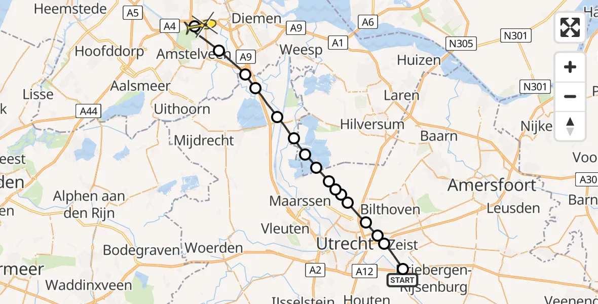 Routekaart van de vlucht: Lifeliner 1 naar VU Medisch Centrum Amsterdam