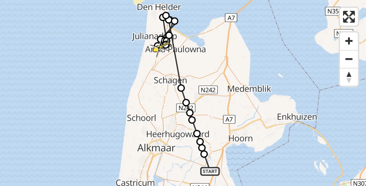 Routekaart van de vlucht: Politiehelikopter naar Anna Paulowna