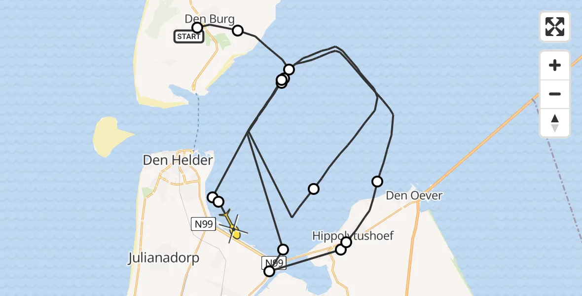 Routekaart van de vlucht: Politiehelikopter naar Den Helder