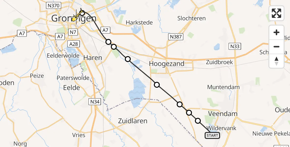 Routekaart van de vlucht: Lifeliner 4 naar Universitair Medisch Centrum Groningen