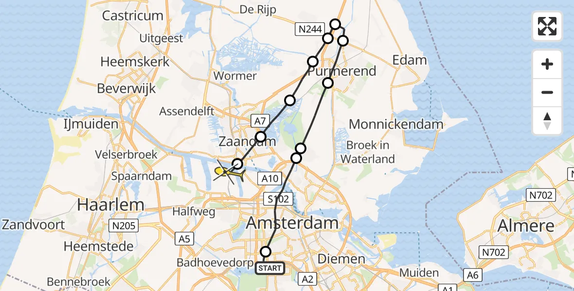 Routekaart van de vlucht: Lifeliner 1 naar Amsterdam Heliport