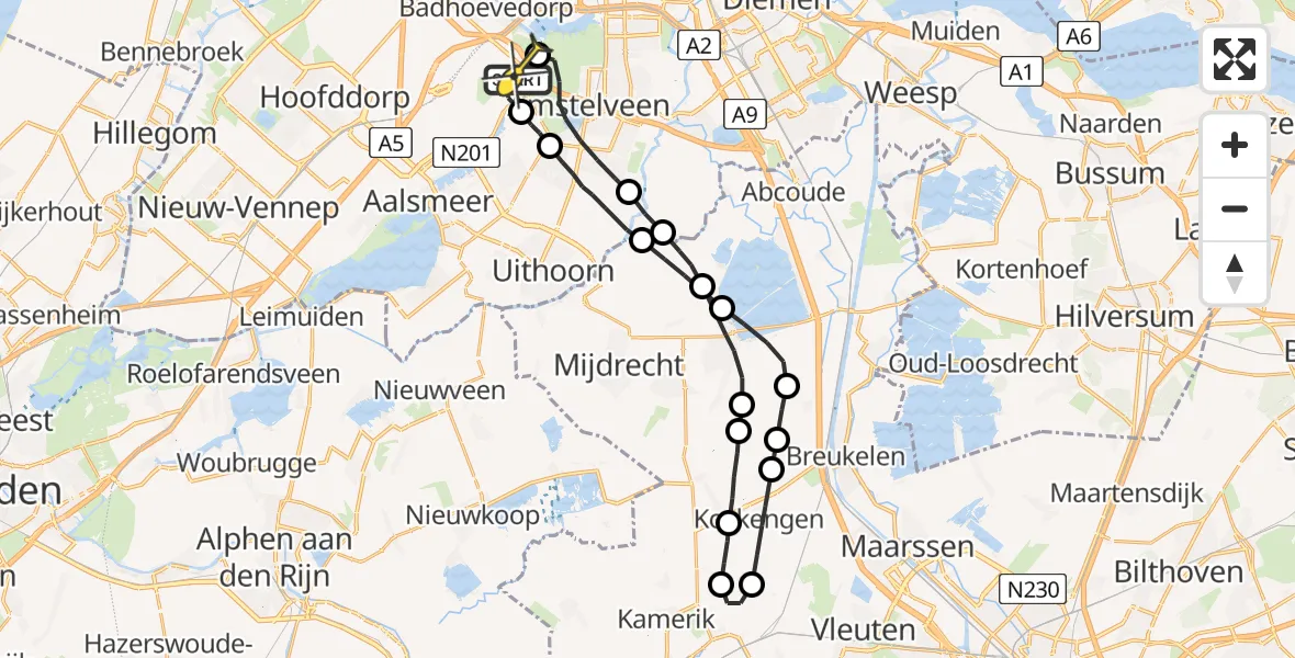 Routekaart van de vlucht: Politieheli naar Schiphol