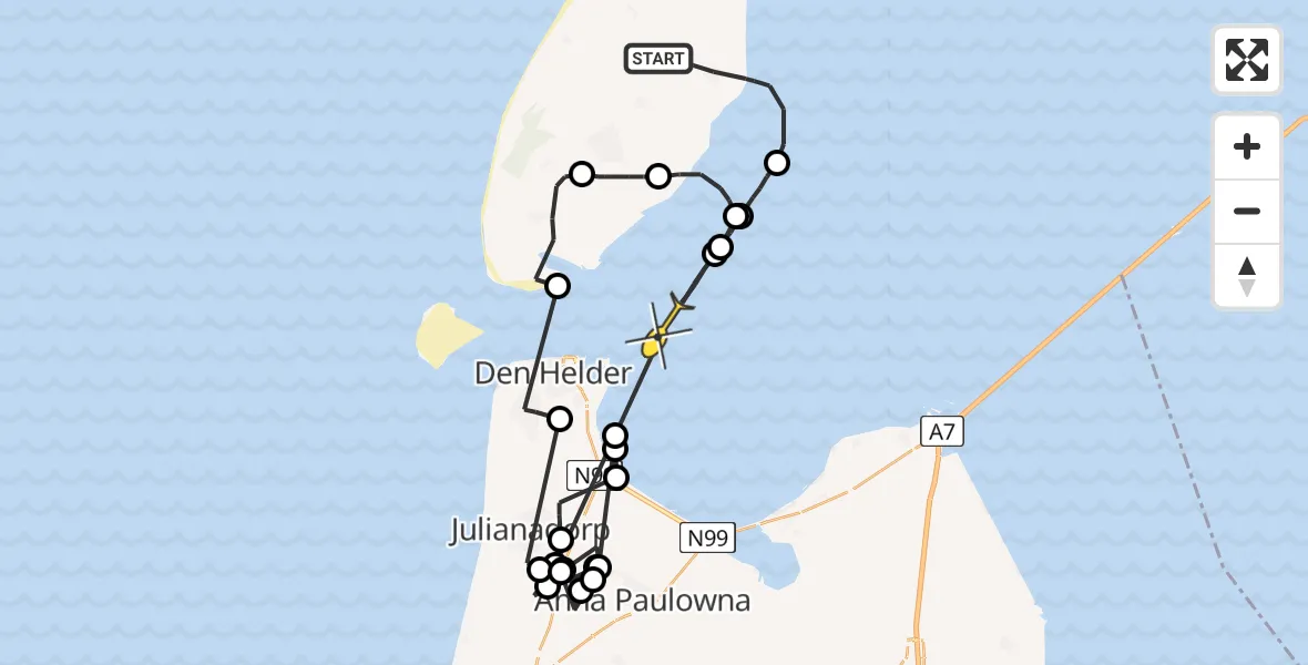 Routekaart van de vlucht: Politieheli naar Den Helder