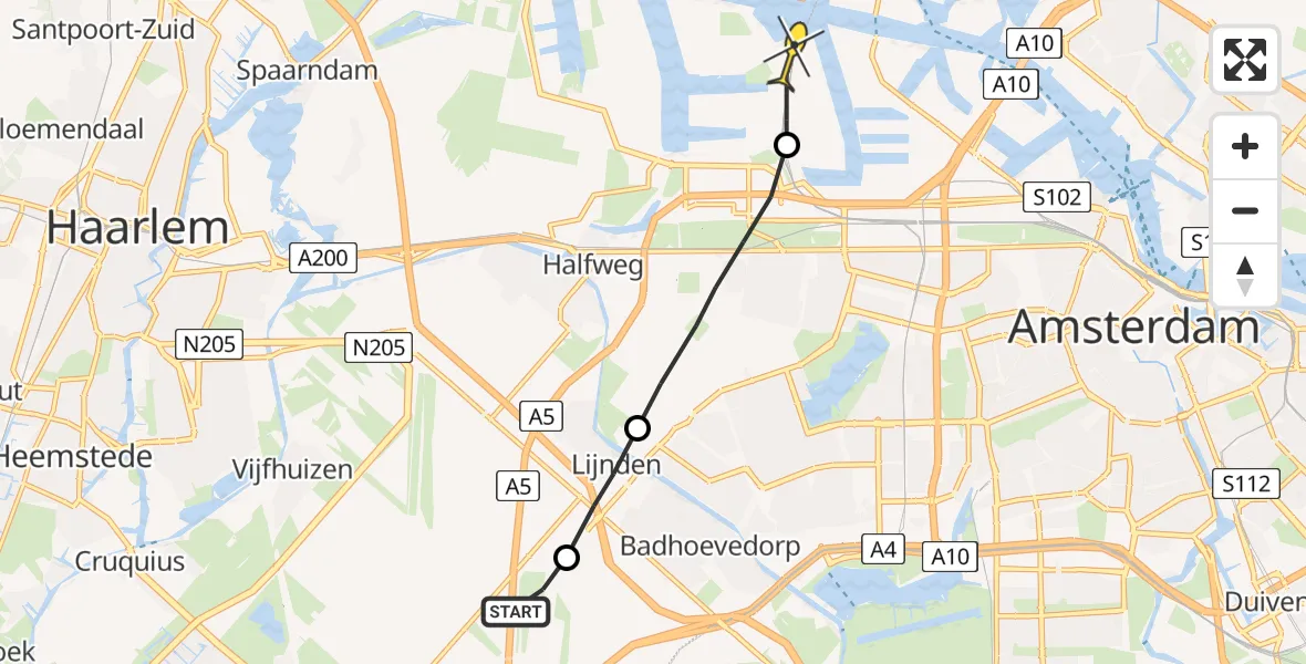 Routekaart van de vlucht: Lifeliner 1 naar Amsterdam Heliport