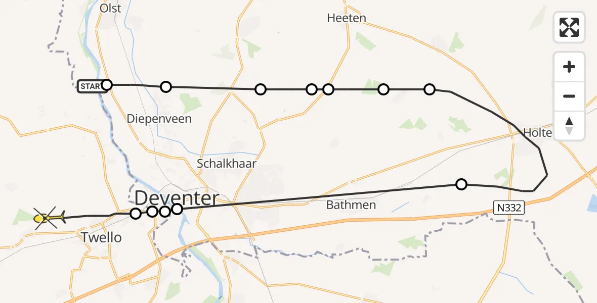 Routekaart van de vlucht: Politieheli naar Vliegveld Teuge