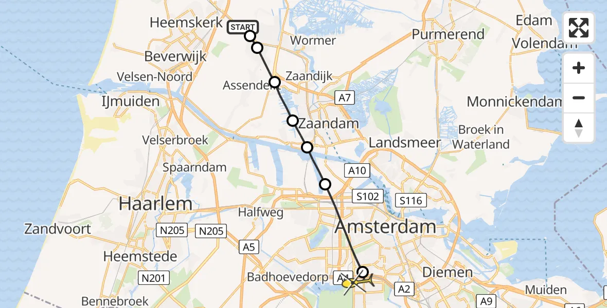 Routekaart van de vlucht: Lifeliner 1 naar VU Medisch Centrum Amsterdam