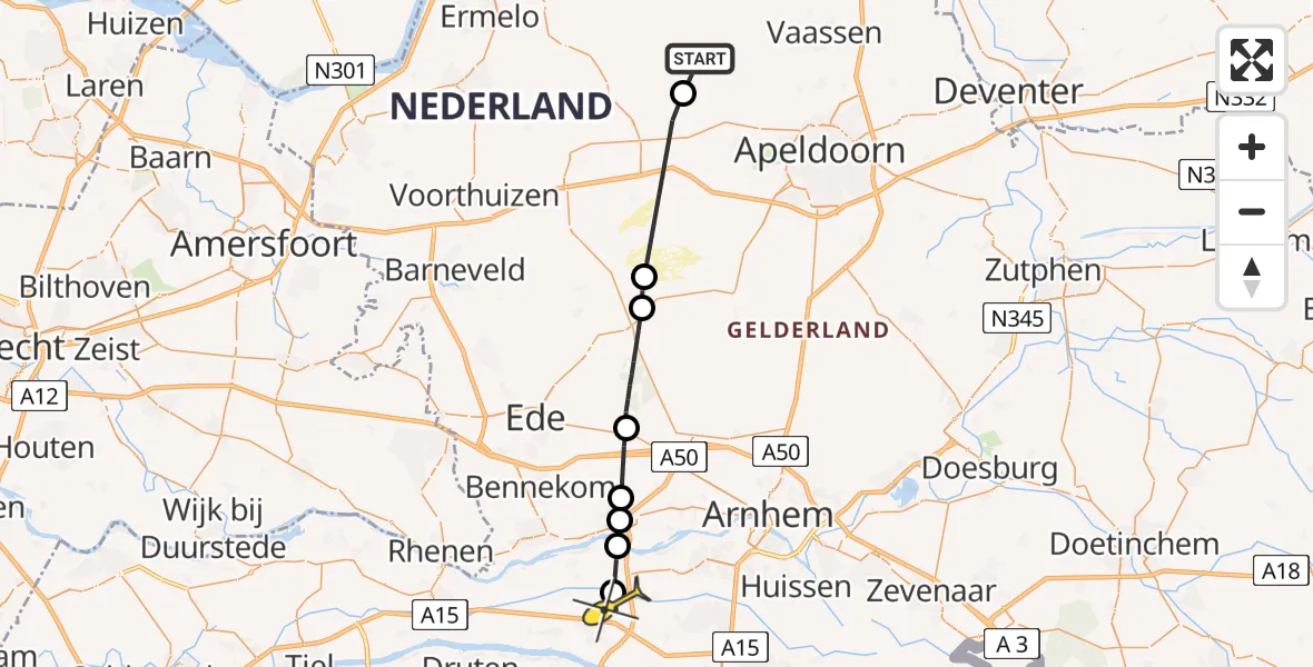 Routekaart van de vlucht: Politiehelikopter naar Herveld