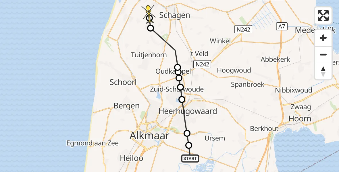 Routekaart van de vlucht: Politiehelikopter naar Schagerbrug