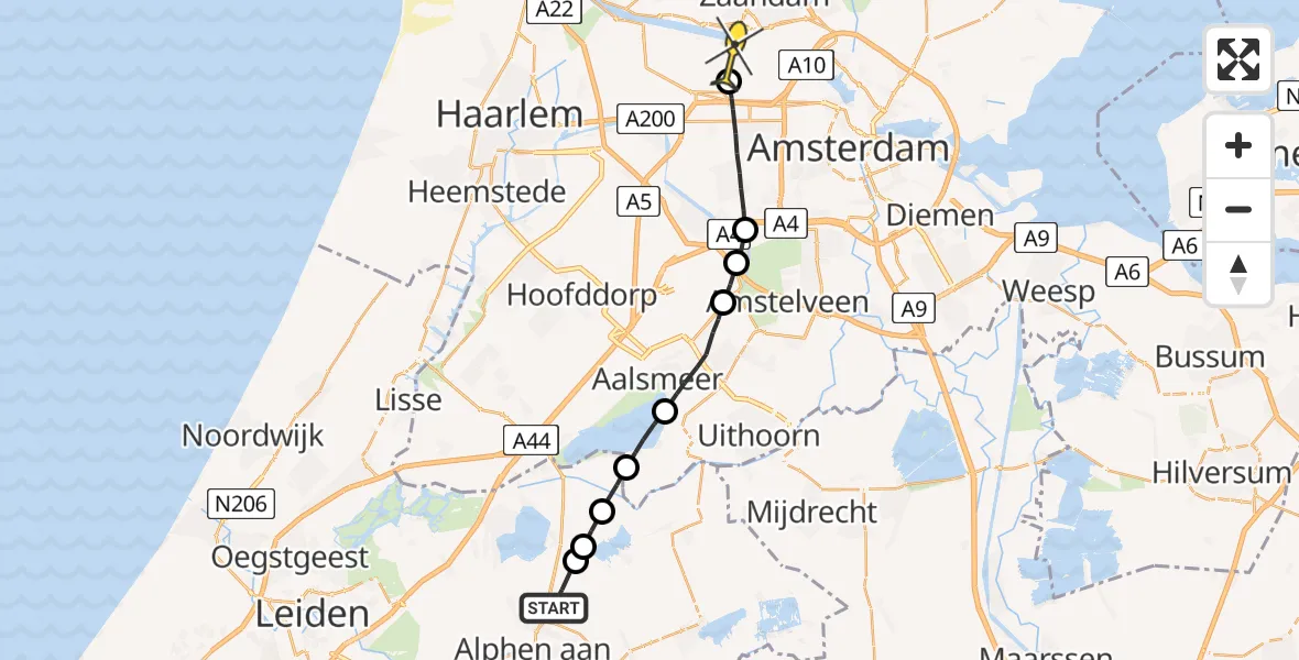 Routekaart van de vlucht: Lifeliner 1 naar Amsterdam Heliport