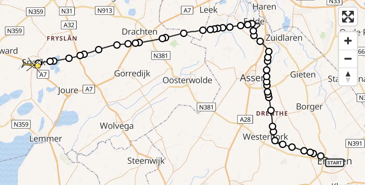 Routekaart van de vlucht: Lifeliner 4 naar Sneek