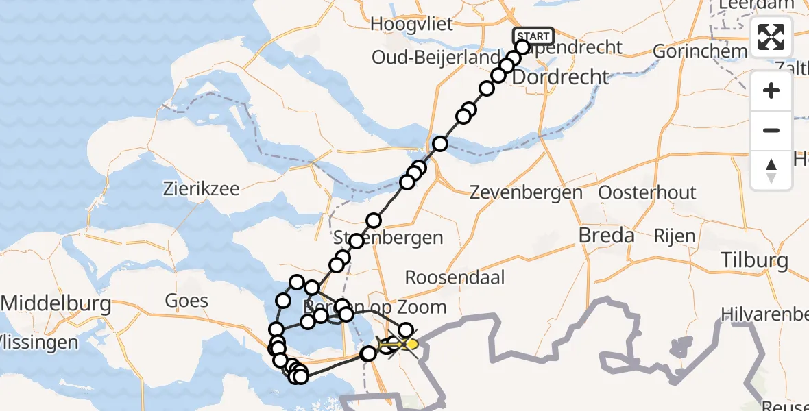 Routekaart van de vlucht: Politiehelikopter naar Vliegbasis Woensdrecht