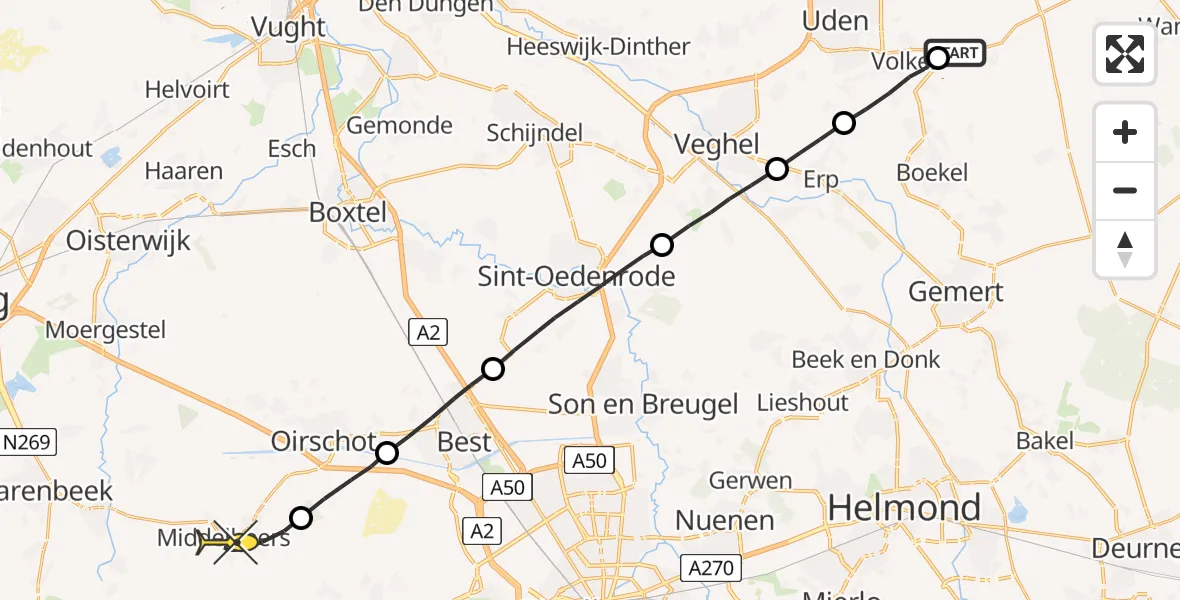 Routekaart van de vlucht: Lifeliner 3 naar Oost West en Middelbeers