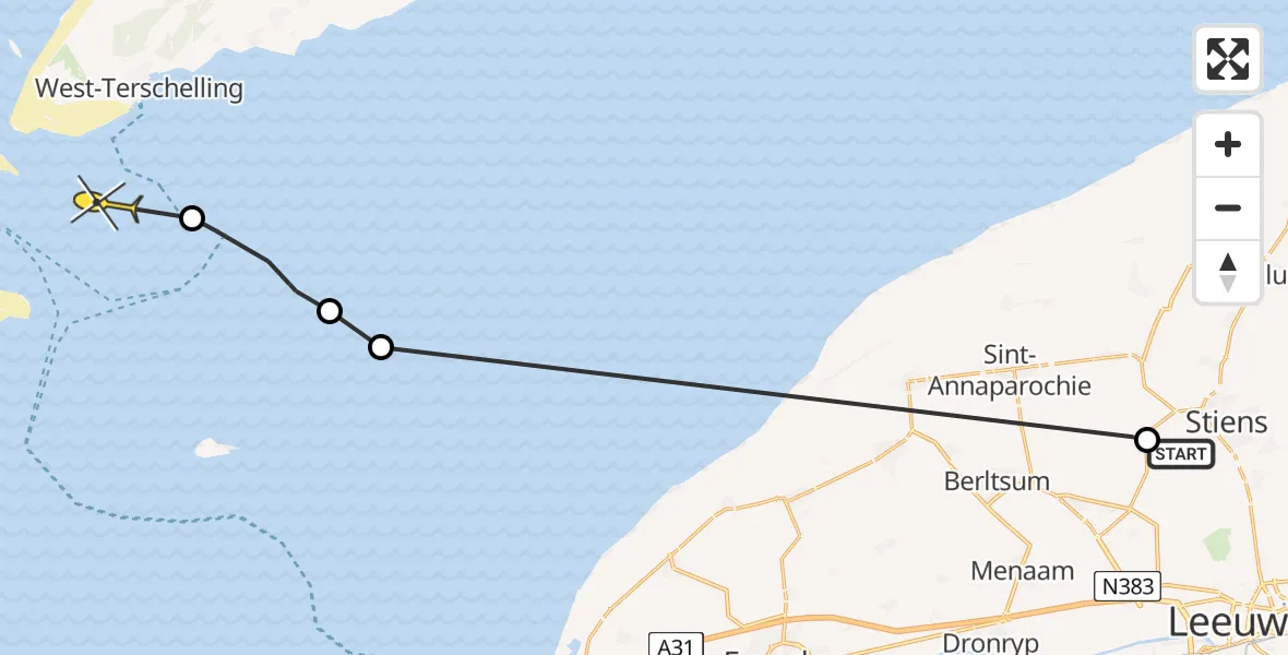 Routekaart van de vlucht: Ambulanceheli naar West-Terschelling