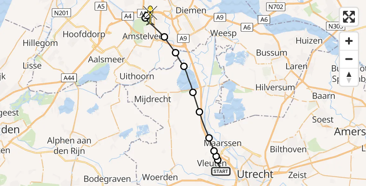 Routekaart van de vlucht: Lifeliner 1 naar VU Medisch Centrum Amsterdam