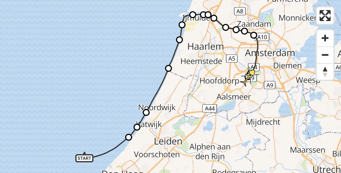 Routekaart van de vlucht: Politieheli naar Schiphol