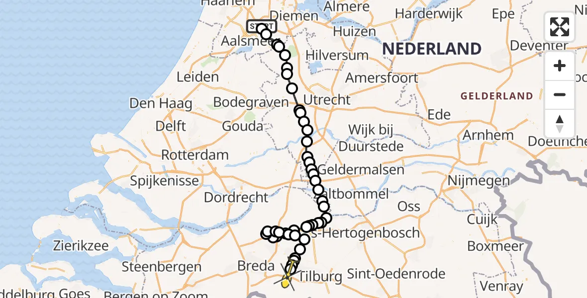 Routekaart van de vlucht: Politieheli naar Vliegbasis Gilze-Rijen