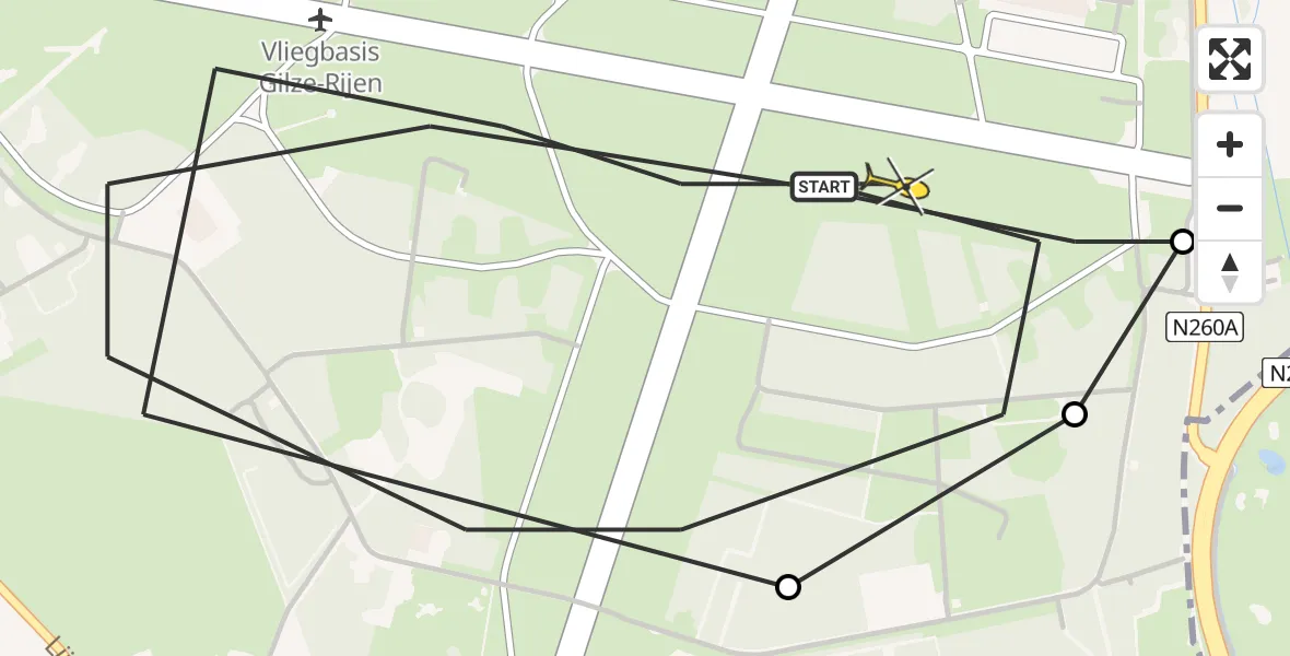 Routekaart van de vlucht: Politieheli naar Vliegbasis Gilze-Rijen