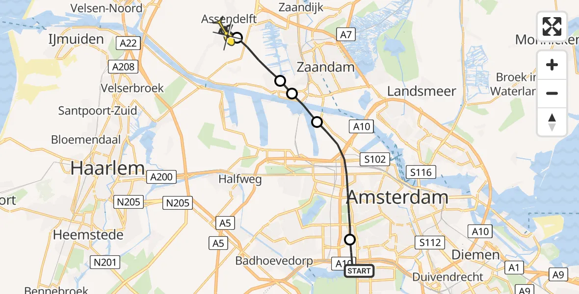 Routekaart van de vlucht: Lifeliner 1 naar Assendelft