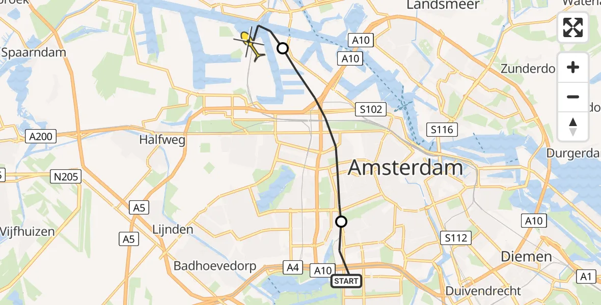 Routekaart van de vlucht: Lifeliner 1 naar Amsterdam Heliport