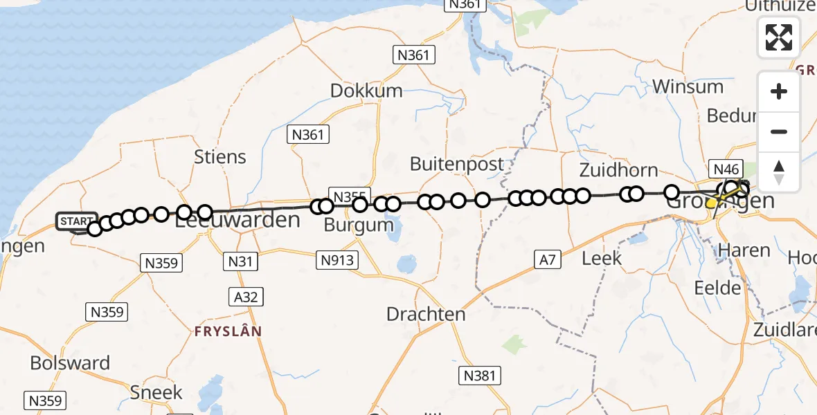 Routekaart van de vlucht: Lifeliner 4 naar Universitair Medisch Centrum Groningen