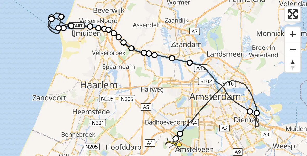 Routekaart van de vlucht: Politieheli naar Schiphol