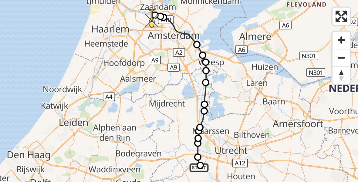 Routekaart van de vlucht: Lifeliner 1 naar Amsterdam Heliport