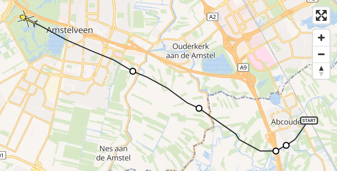 Routekaart van de vlucht: Politieheli naar Amstelveen