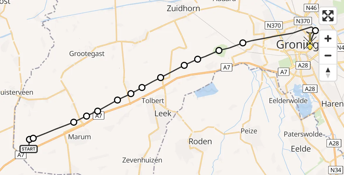 Routekaart van de vlucht: Lifeliner 4 naar Universitair Medisch Centrum Groningen