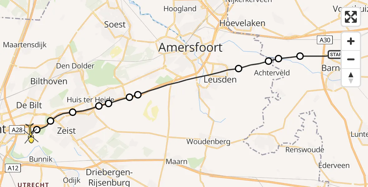 Routekaart van de vlucht: Lifeliner 1 naar Universitair Medisch Centrum Utrecht