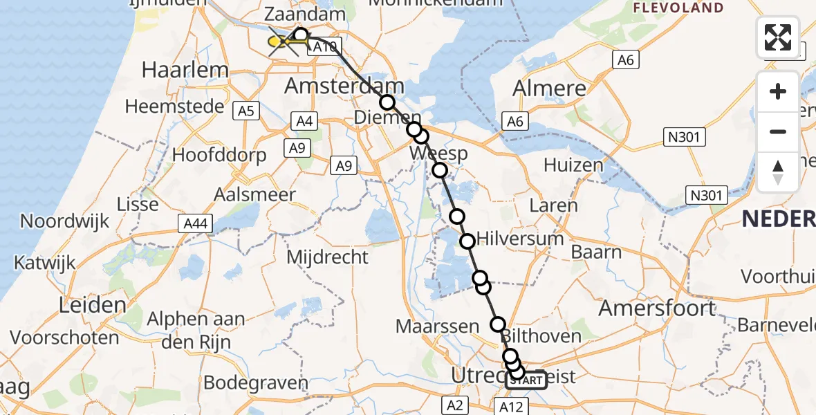 Routekaart van de vlucht: Lifeliner 1 naar Amsterdam Heliport