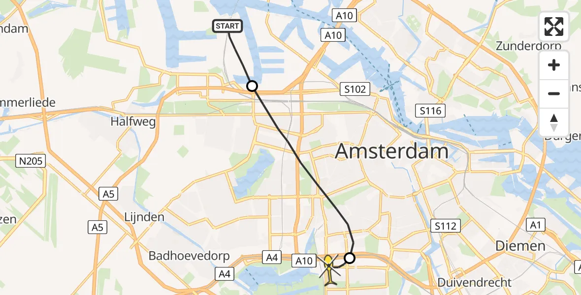 Routekaart van de vlucht: Lifeliner 1 naar VU Medisch Centrum Amsterdam