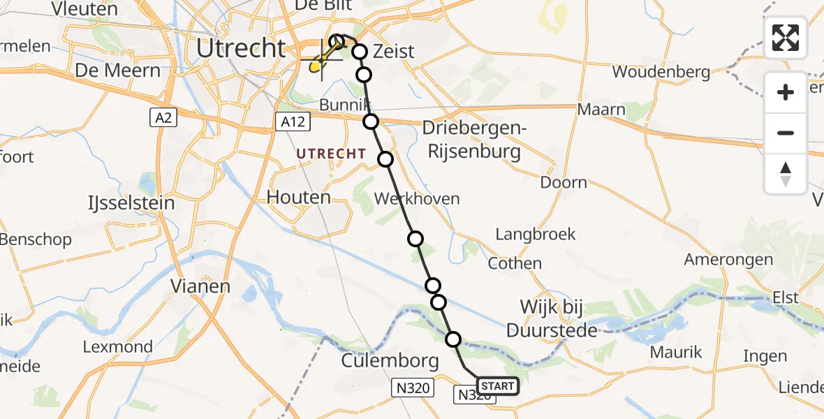 Routekaart van de vlucht: Lifeliner 3 naar Universitair Medisch Centrum Utrecht