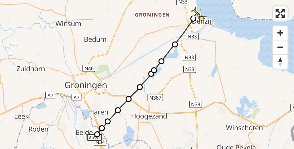 Routekaart van de vlucht: Lifeliner 4 naar Delfzijl