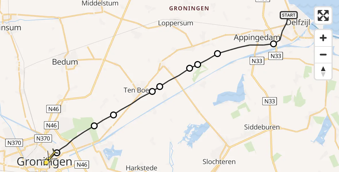 Routekaart van de vlucht: Lifeliner 4 naar Universitair Medisch Centrum Groningen