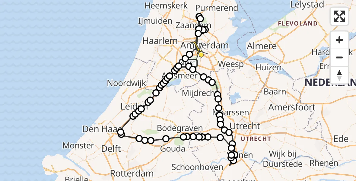 Routekaart van de vlucht: Politieheli naar Amsterdam