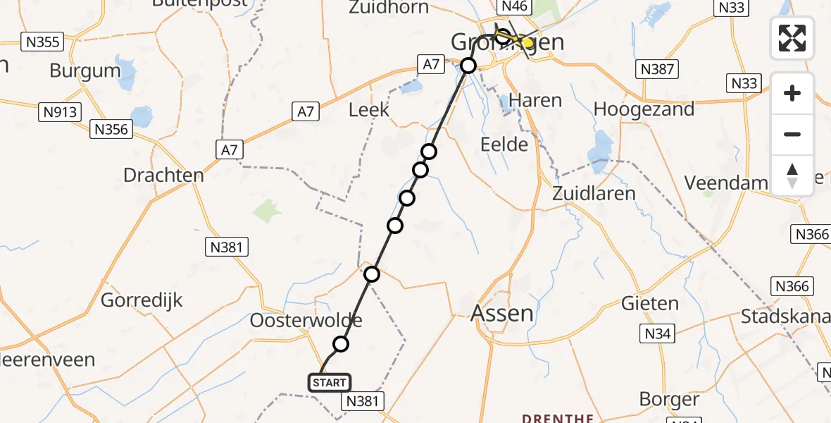 Routekaart van de vlucht: Lifeliner 4 naar Universitair Medisch Centrum Groningen