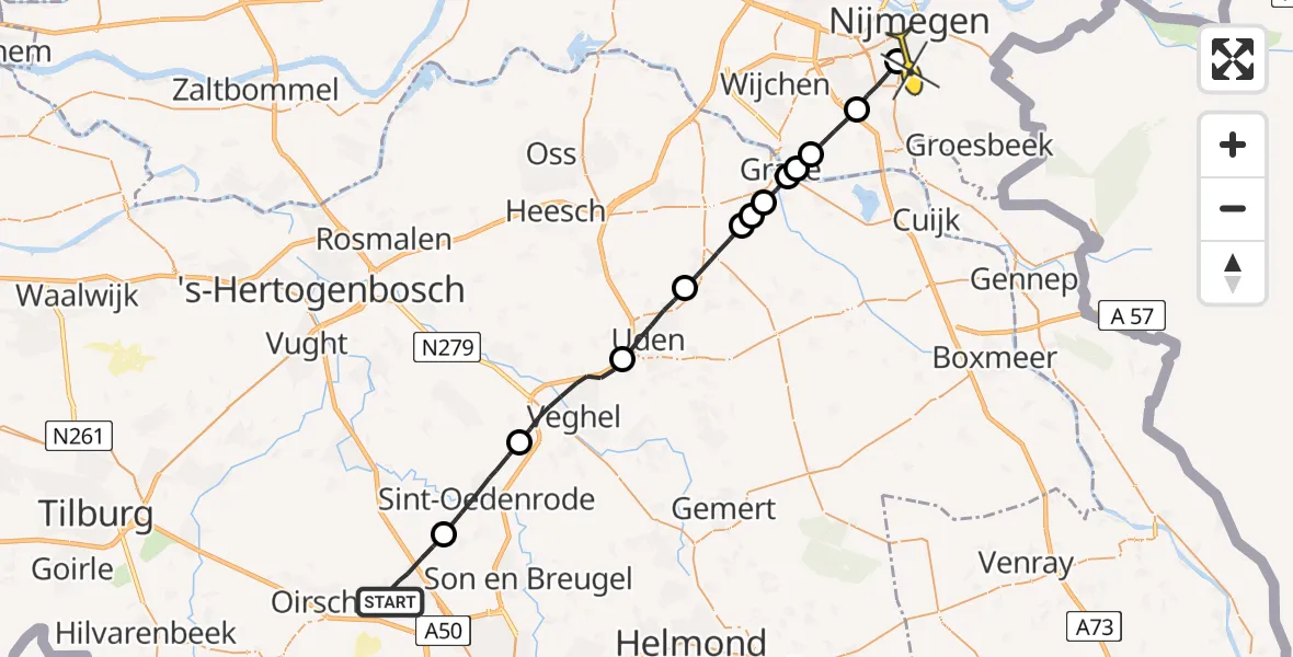 Routekaart van de vlucht: Lifeliner 3 naar Radboud Universitair Medisch Centrum