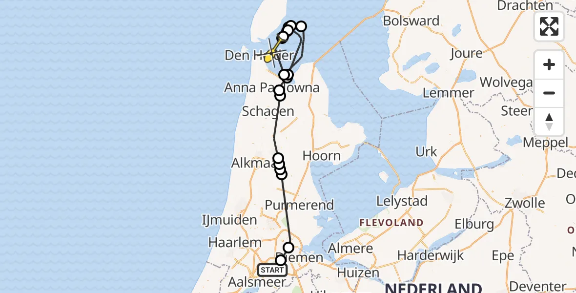 Routekaart van de vlucht: Politieheli naar Den Helder