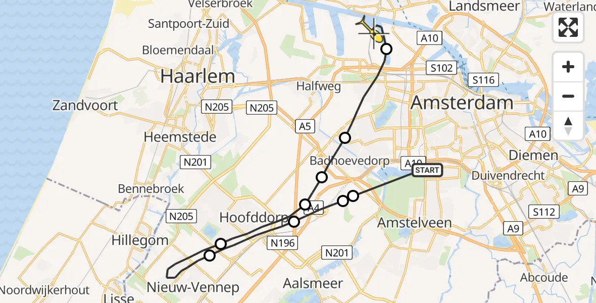 Routekaart van de vlucht: Lifeliner 1 naar Amsterdam Heliport