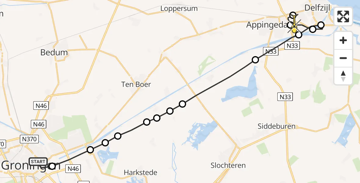 Routekaart van de vlucht: Lifeliner 4 naar Delfzijl