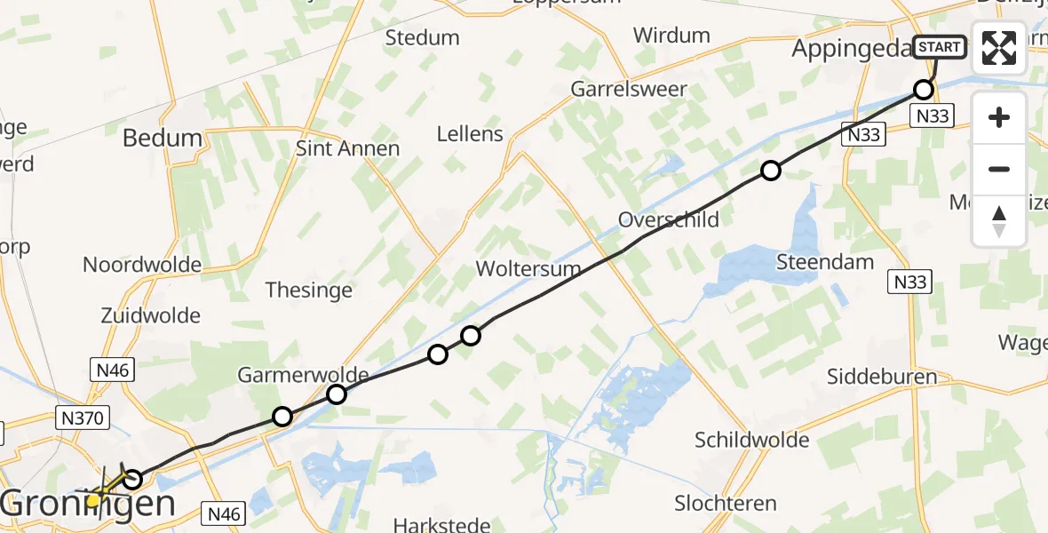 Routekaart van de vlucht: Lifeliner 4 naar Universitair Medisch Centrum Groningen