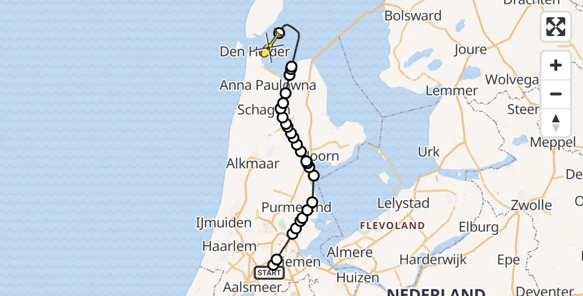 Routekaart van de vlucht: Politieheli naar Den Helder