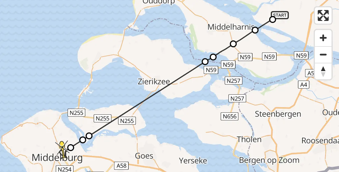 Routekaart van de vlucht: Politieheli naar Middelburg