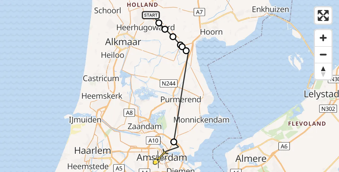 Routekaart van de vlucht: Politieheli naar Amsterdam