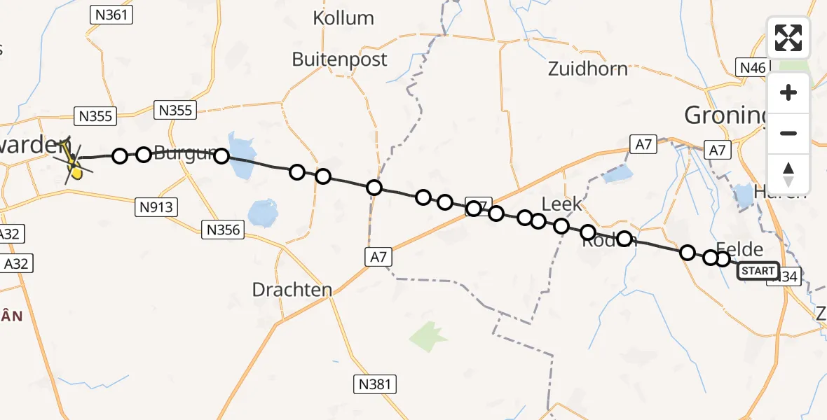 Routekaart van de vlucht: Lifeliner 4 naar Tytsjerk