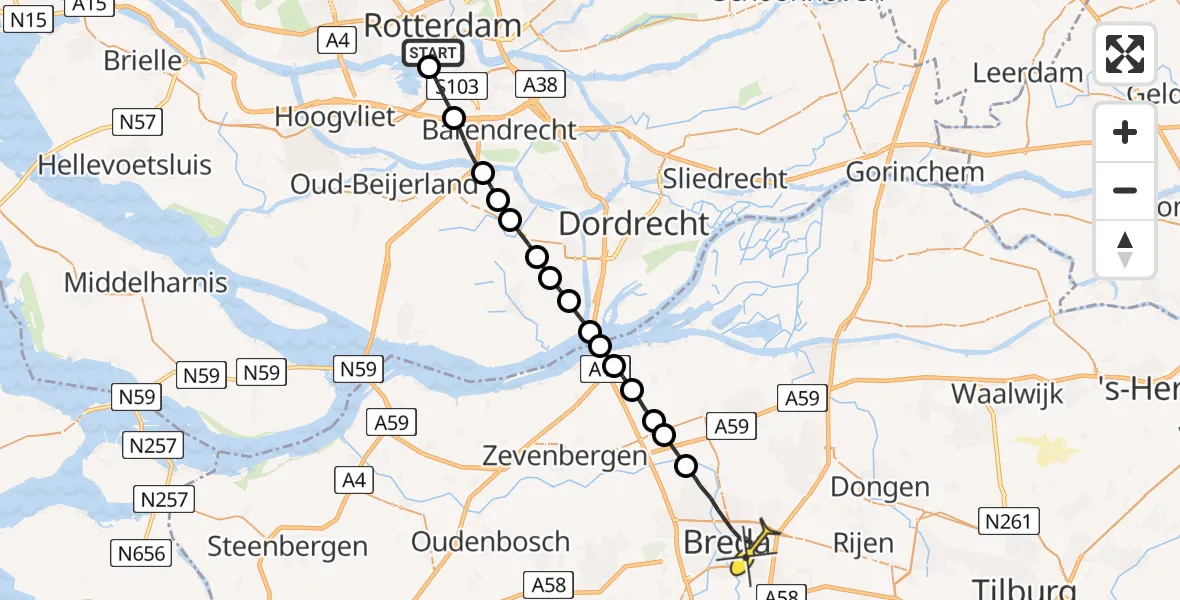 Routekaart van de vlucht: Lifeliner 2 naar Breda