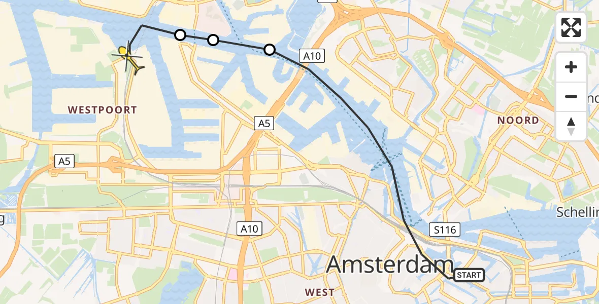 Routekaart van de vlucht: Lifeliner 1 naar Amsterdam Heliport