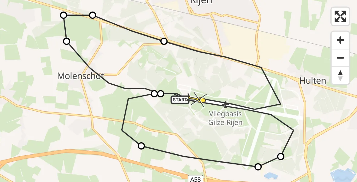 Routekaart van de vlucht: Politieheli naar Vliegbasis Gilze-Rijen