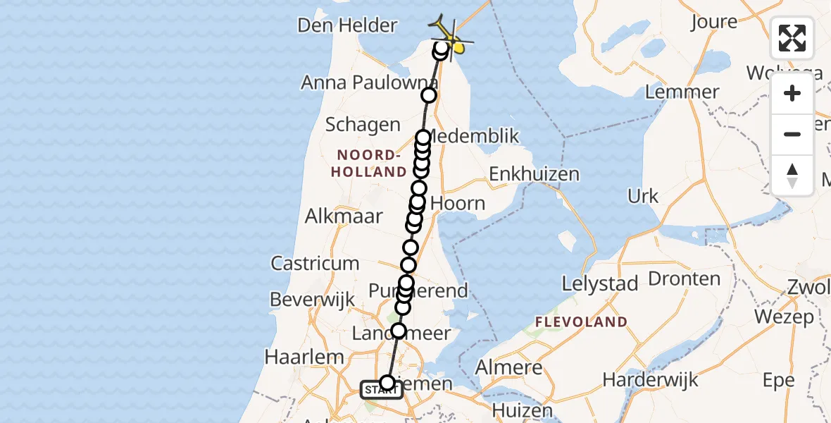 Routekaart van de vlucht: Lifeliner 1 naar Den Oever